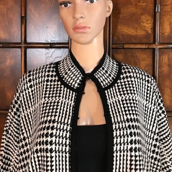 NWOT Kasper Wool Blend Tipped Houndstooth Plaid Mandarin Collar Cape - Picture 5 of 12